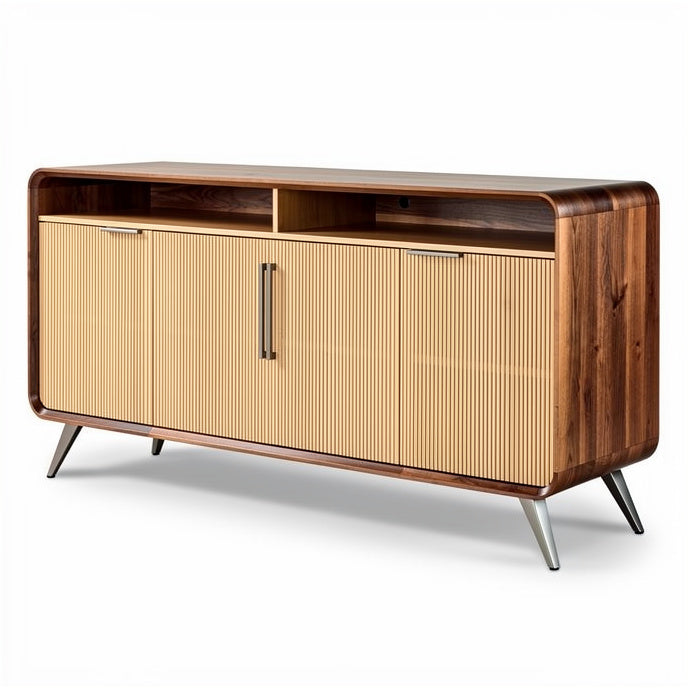 **Mid-Century Modern Wooden Sideboard with Ribbed Doors and Metal Legs**
