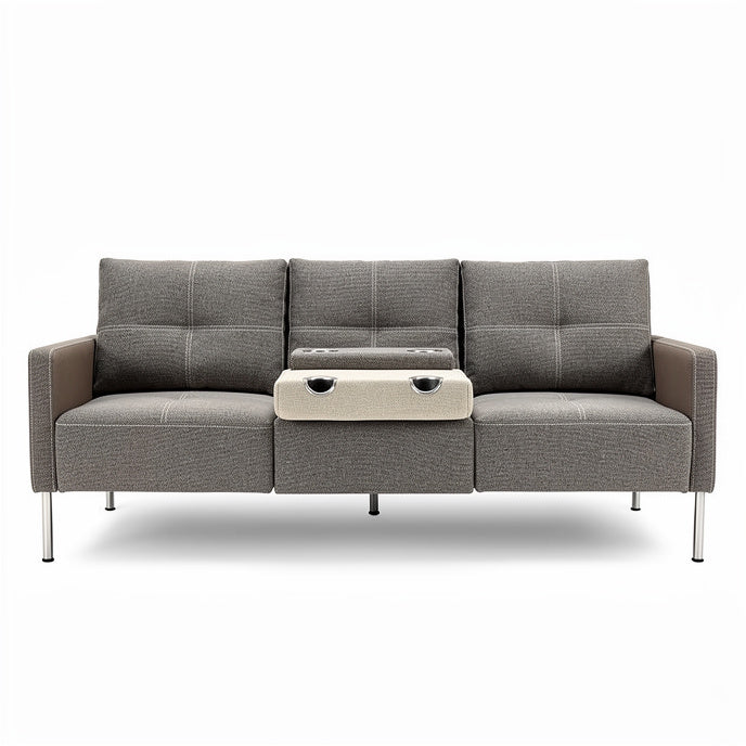 **Modern Grey Sofa with Integrated Cup Holder**